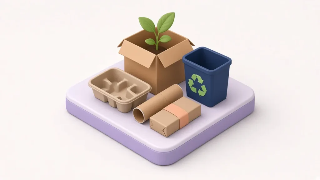 Isometric kraft box with a sprouting plant, a moulded pulp tray, paper tubes and a navy recycling bin