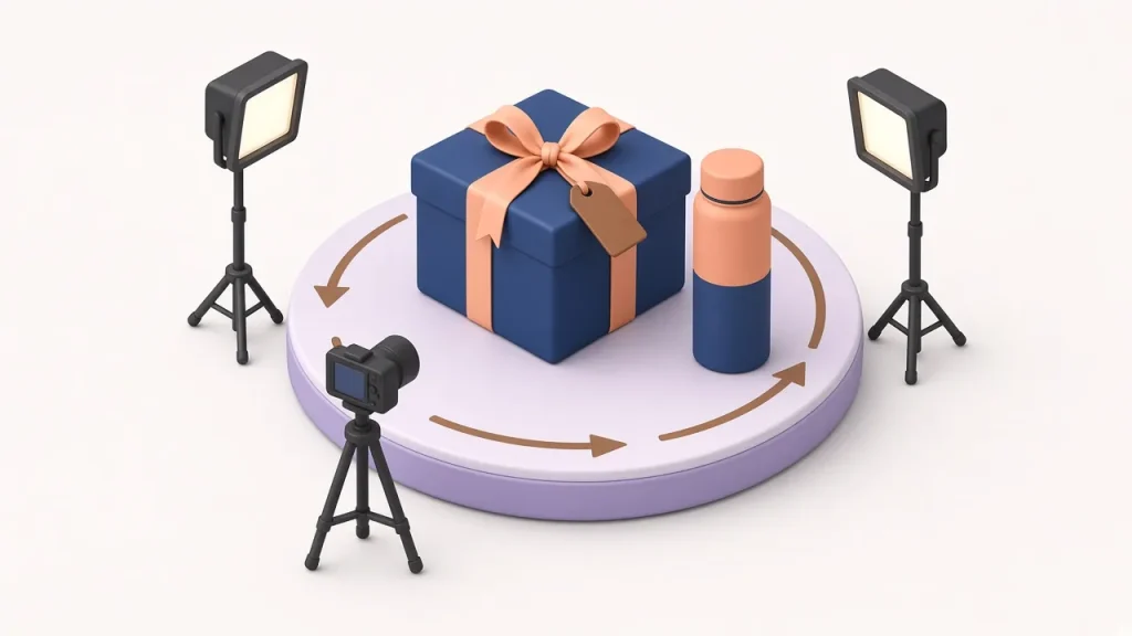 Isometric navy gift box and peach bottle on a rotating turntable with arrows, lit by two studio lights and a camera on a tripod
