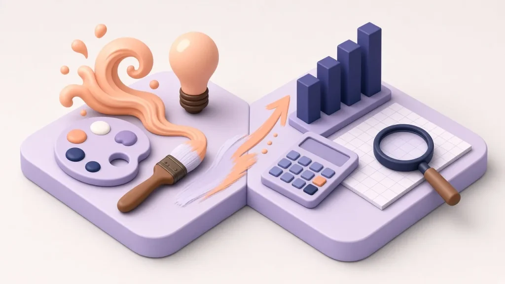 Isometric split platform with a paint palette, brush, peach paint swirl and light bulb on one side and a calculator, magnifier and rising bar chart on the other