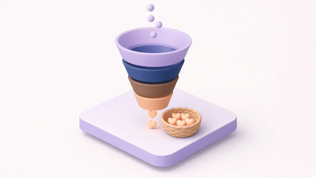 Isometric four-layer funnel in lavender, navy, brown and peach dropping peach spheres into a basket