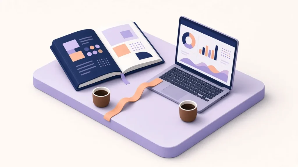 Isometric open brand book with colour swatches beside a laptop showing KPI charts, linked by a peach ribbon, with two coffee cups