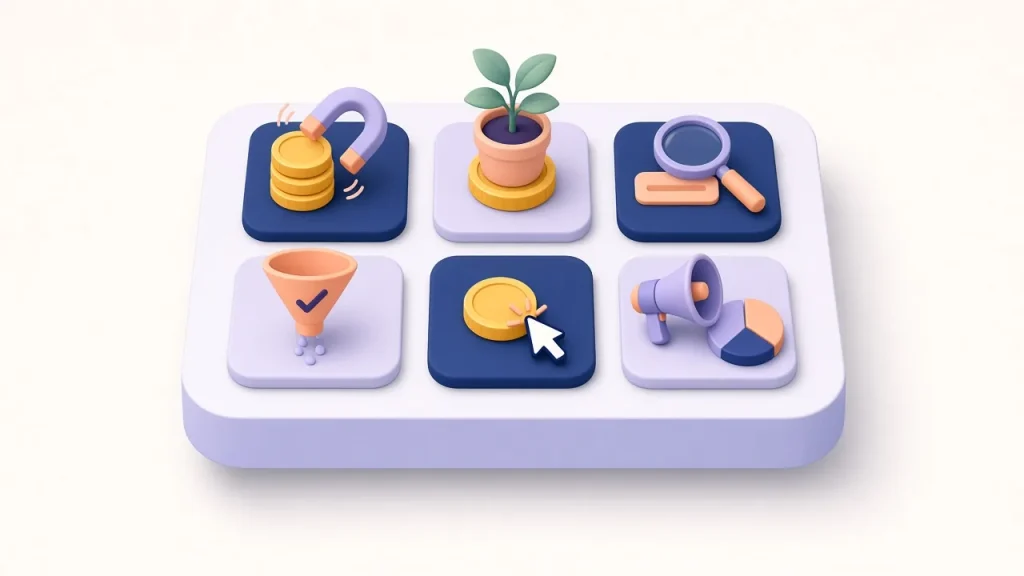 Isometric grid of six tiles with a coin magnet, a plant growing from coins, a magnifier, a funnel, a coin with a cursor and a megaphone with a pie chart