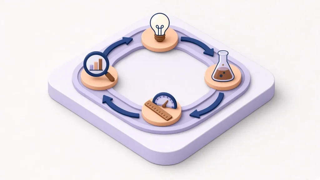 Isometric circular loop of arrows linking a light bulb, a lab flask, a measuring gauge and a magnifier over a chart