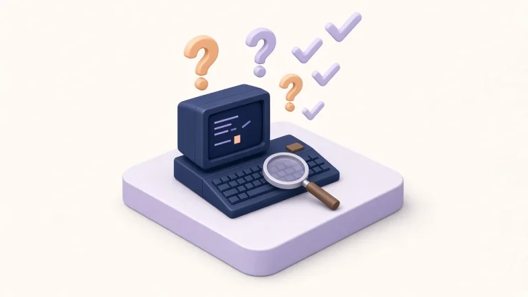 Isometric retro navy computer console with a magnifier, floating peach question marks and lavender check marks