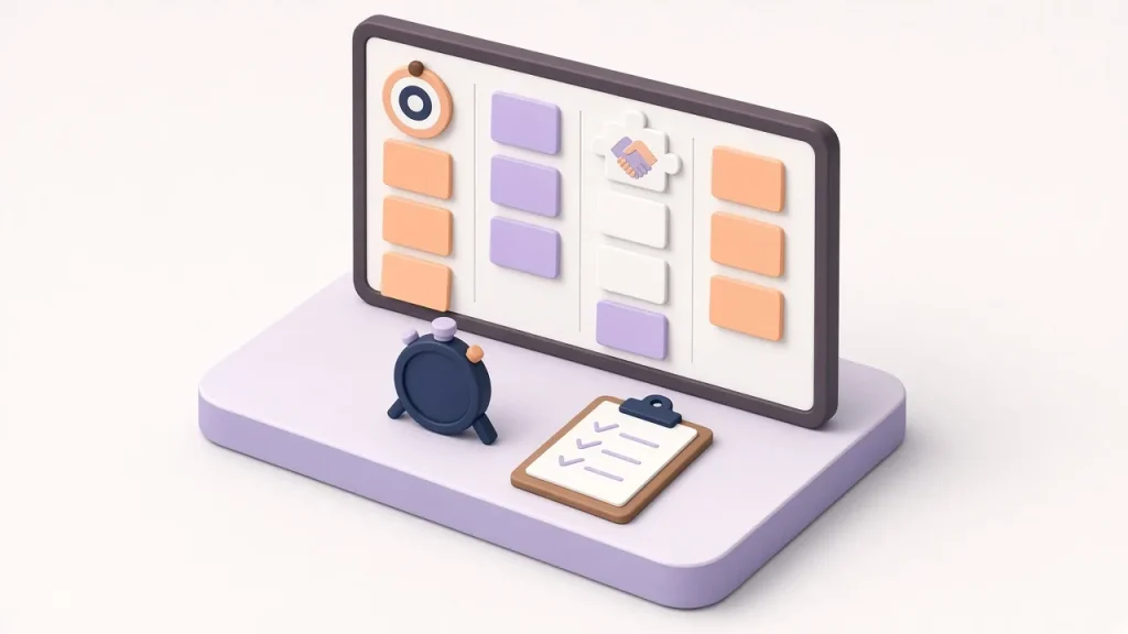 Isometric kanban board with peach and lavender cards in columns, a target, an alarm clock and a clipboard checklist