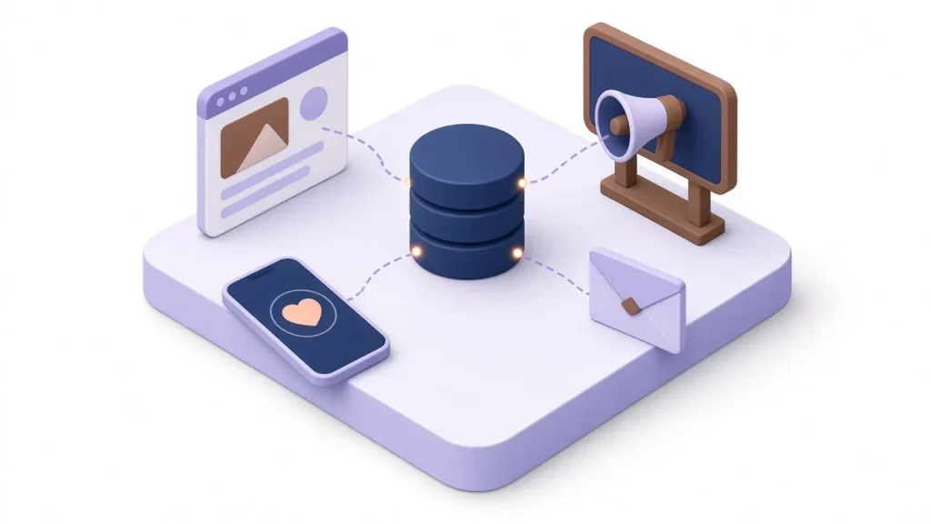 Isometric navy database cylinder linked by dotted lines to a website window, a smartphone with a heart, an email envelope and a megaphone billboard