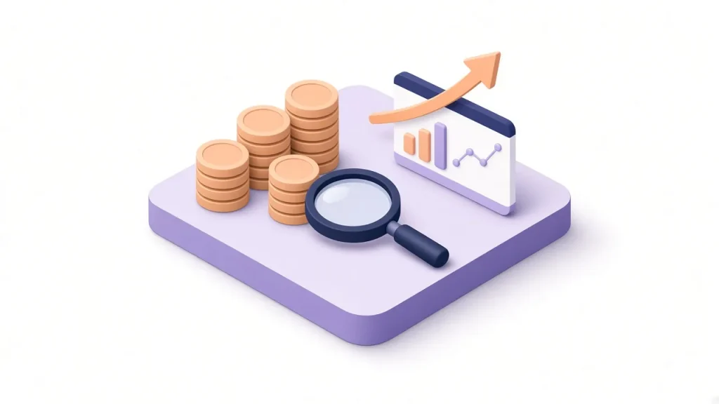 Coins and rising arrow under inspection representing accountable spend