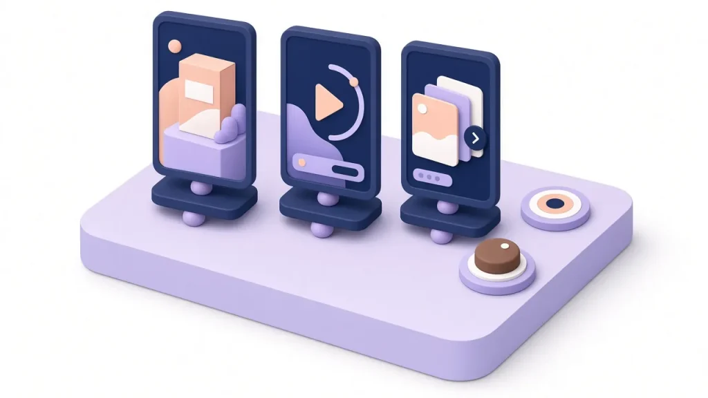 Three phones showing ad creatives with targeting dial