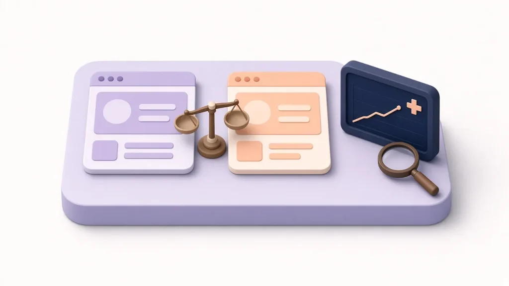 Isometric pair of web page versions on a balance scale beside a monitor with a rising line chart and a magnifier