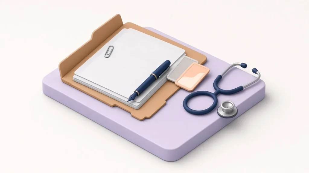 Isometric manila case file with a clipboard, pen and stethoscope
