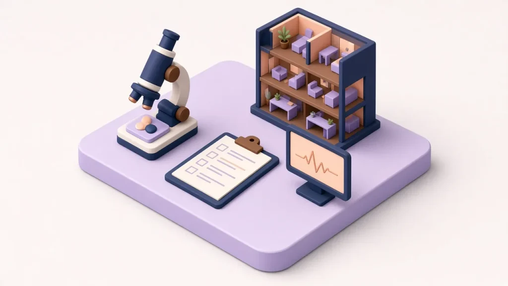 Isometric lab scene with a microscope, a clipboard checklist, a heart-rate monitor and a shelf of folders