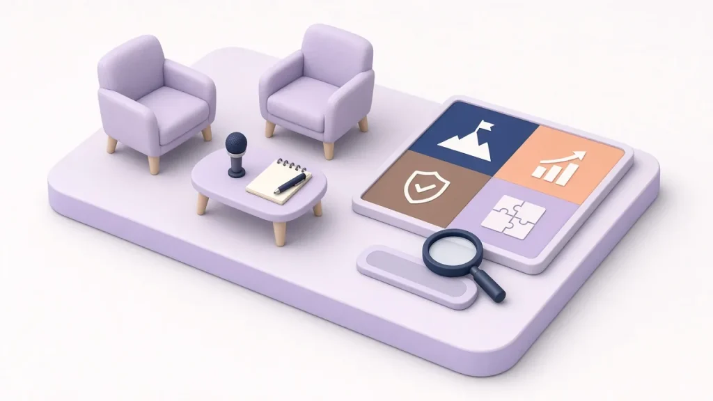 Isometric interview corner with two lavender armchairs, a table with a microphone and notes, a SWOT-style board and a magnifier