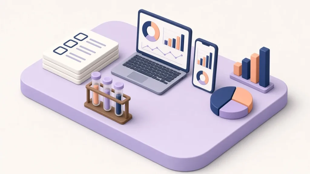 Isometric survey cards, a laptop and phone with charts, test tubes, a bar chart and a pie chart