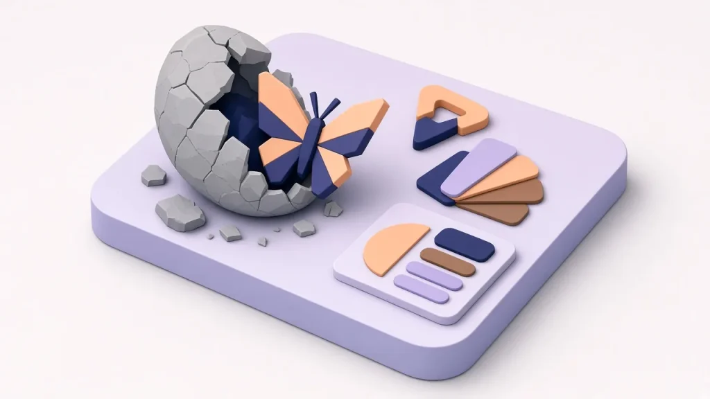 Isometric peach and navy butterfly breaking out of a grey stone shell beside new logo shapes and a colour swatch fan