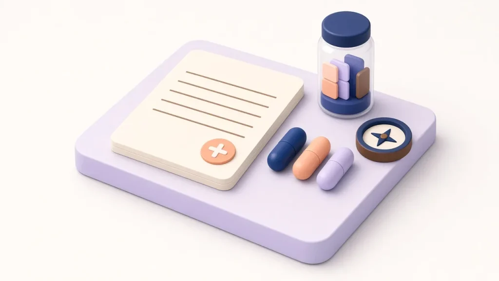 Isometric prescription pad with a peach plus badge, capsules, a jar of pills and a compass