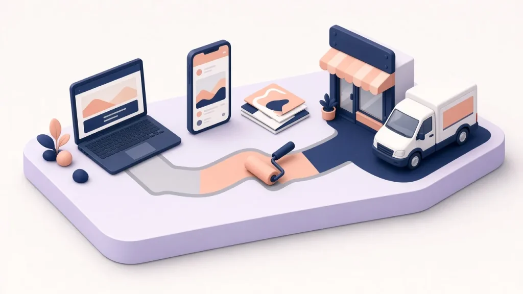 Isometric path that turns from grey to peach linking a laptop, a smartphone, printed materials, a storefront and a delivery van