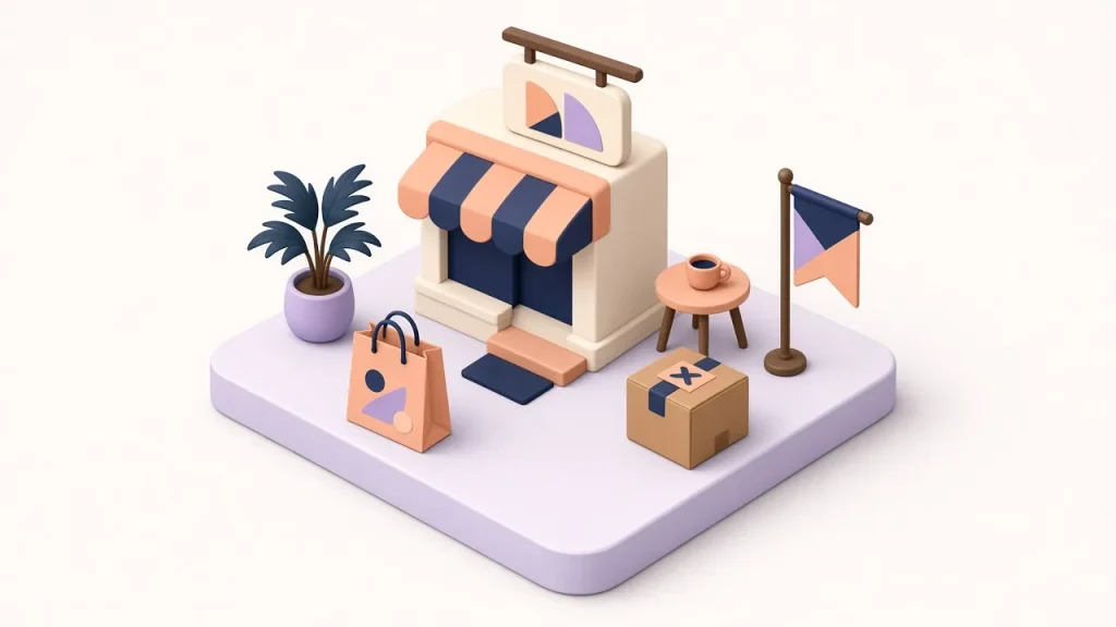 Isometric storefront with a navy and peach striped awning, a flag, a potted plant, a shopping bag and a parcel