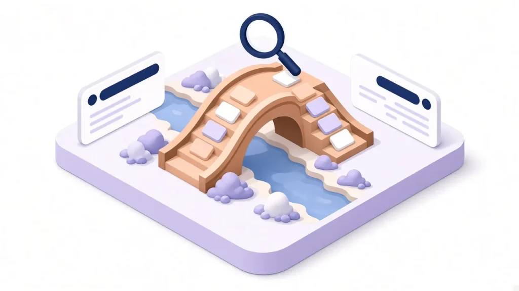 Bridge linking left-to-right and right-to-left search experiences under a magnifying glass
