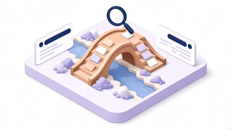 Bridge linking left-to-right and right-to-left search experiences under a magnifying glass