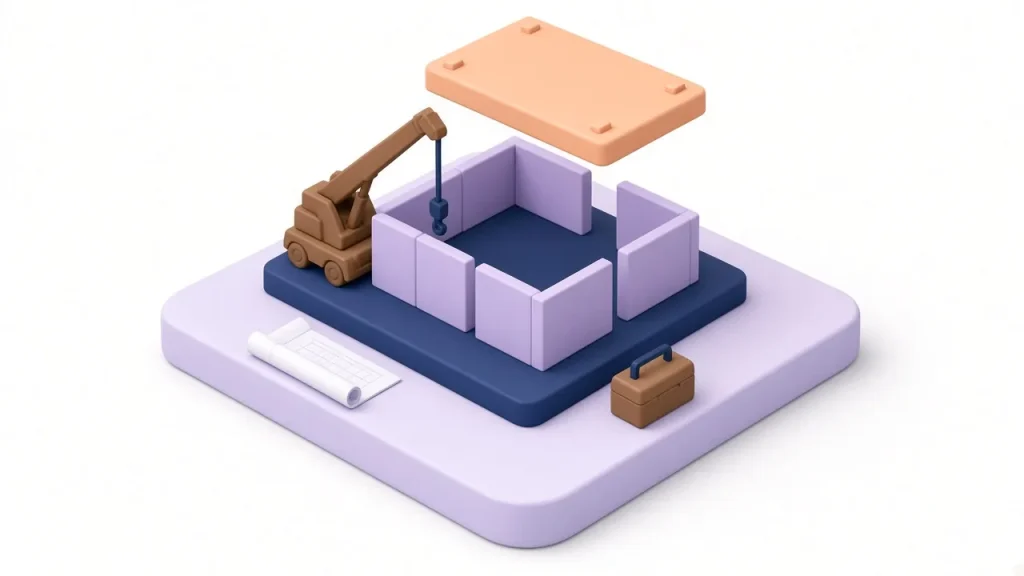 Building rising from technical foundation to content walls and authority roof