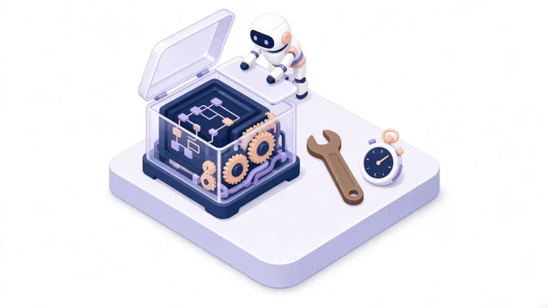 Website opened like a machine with gears, sitemap tree and crawler robot
