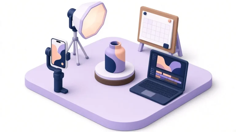 Compact content studio with phone gimbal, light, turntable and editing laptop
