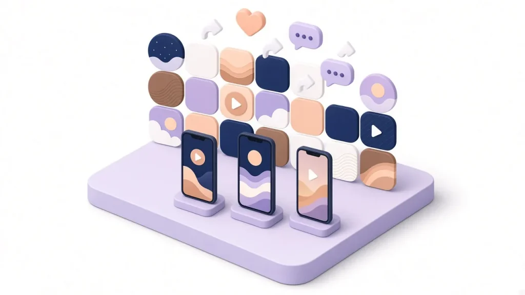 Wall of feed tiles behind three smartphones with floating reactions