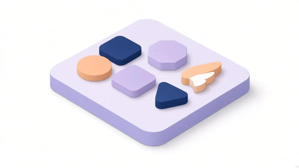 Shelf of six abstract platform blocks with two selected