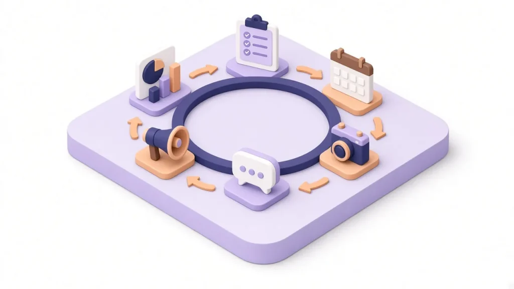 Monthly social media cycle from planning to reporting