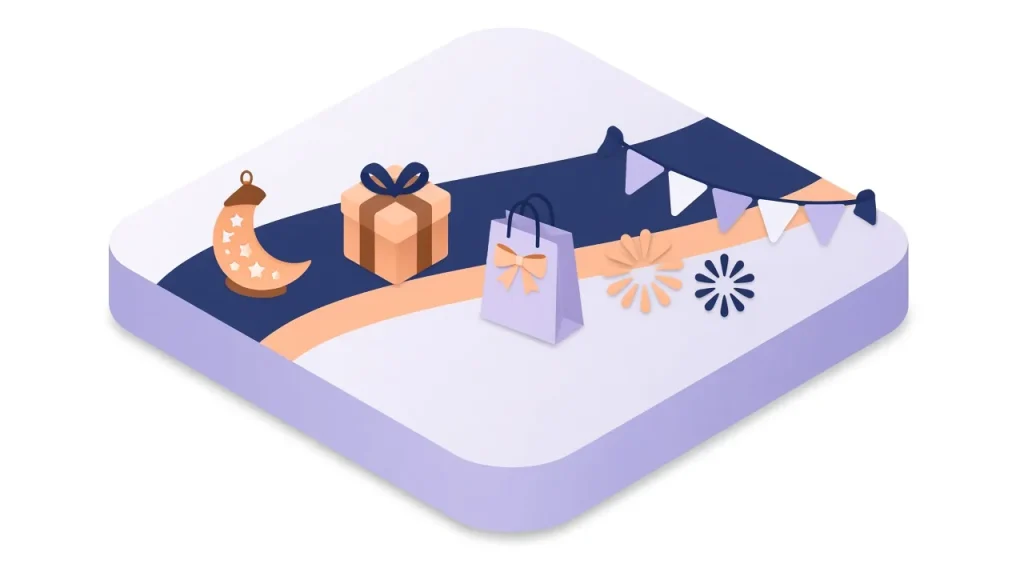Calendar ribbon with seasonal moments such as Ramadan lanterns, gifts and fireworks