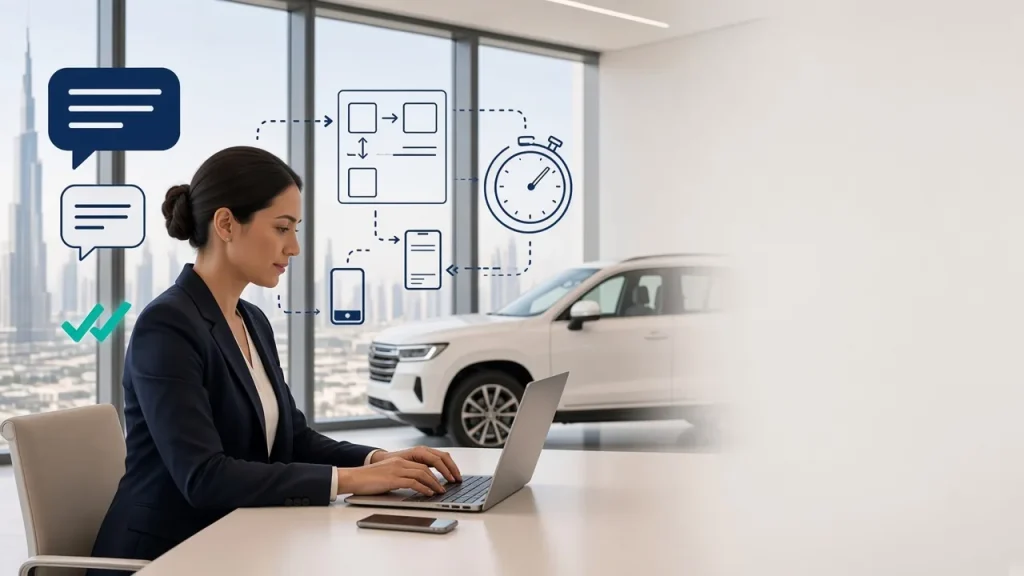 Showroom sales consultant answering leads on a laptop, with chat and CRM pipeline icons