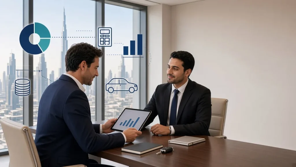 Car business owner and marketing consultant reviewing a budget chart in a Dubai office