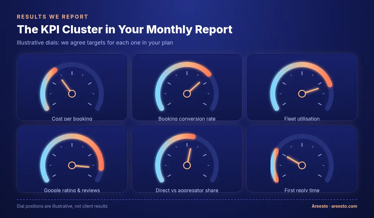 RPM-style KPI panel with six dials for the metrics in a car rental marketing report: cost per booking, booking conversion rate, fleet utilisation, Google rating and reviews, direct versus aggregator share and first reply time