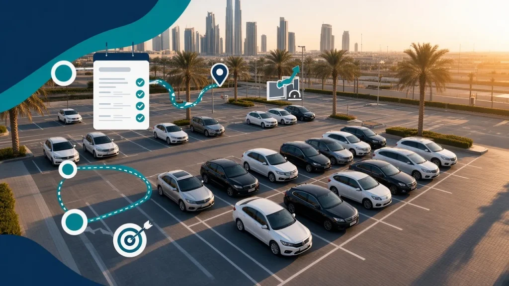 Aerial view of a rental car fleet in Dubai with a marketing roadmap and checklist icons