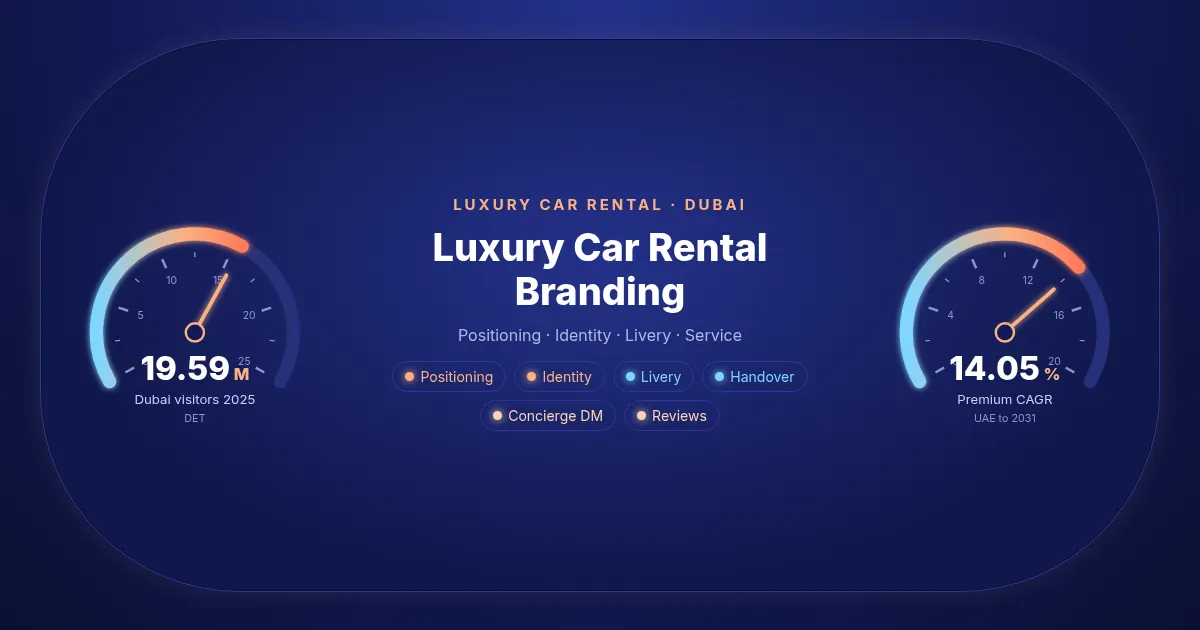 Luxury car rental branding dashboard: instrument cluster showing 19.59 million Dubai visitors in 2025 and a 14.05% expected annual growth rate for UAE premium and luxury rentals to 2031