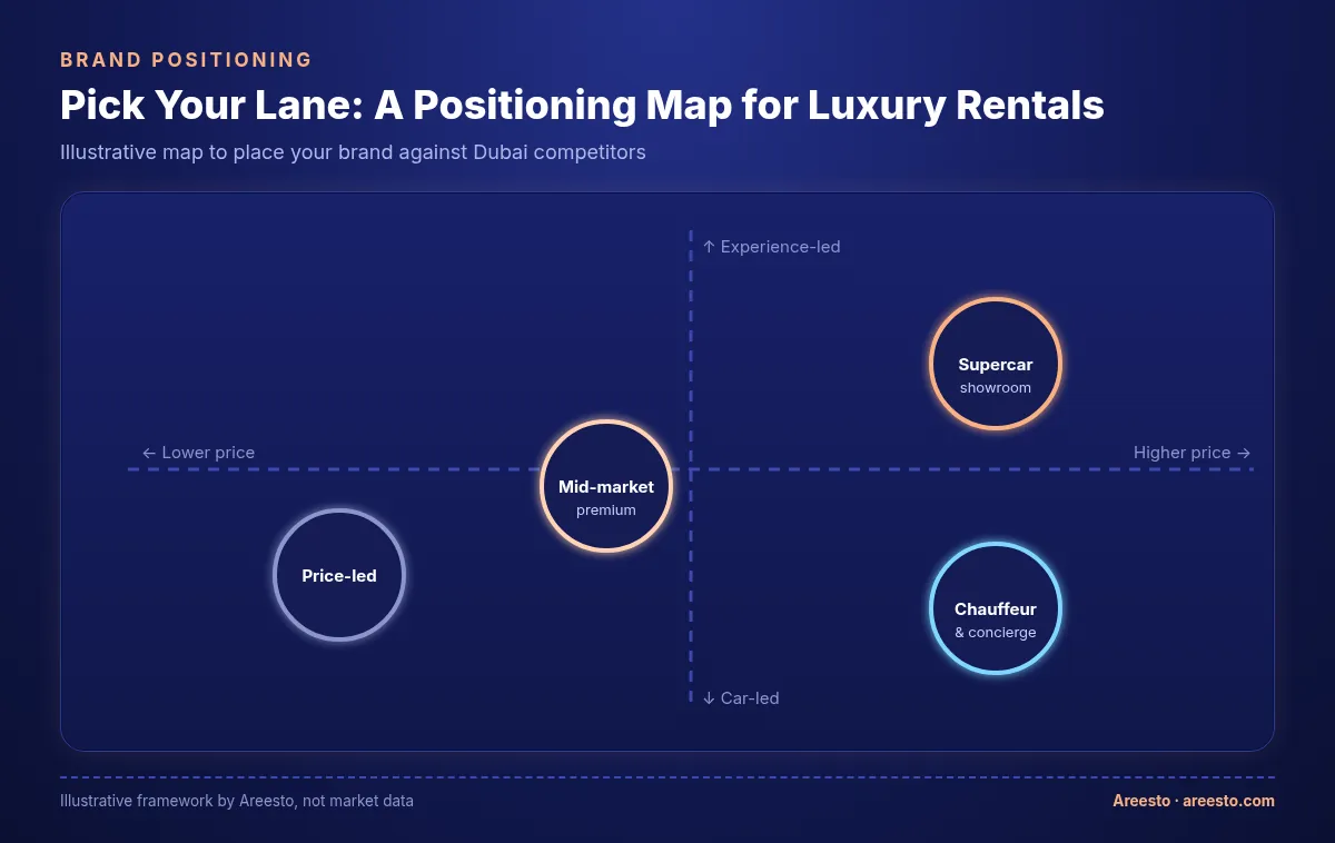Brand positioning map for luxury car rental brands with price on one axis and car-led versus experience-led on the other, showing price-led, mid-market premium, supercar showroom and chauffeur and concierge positions