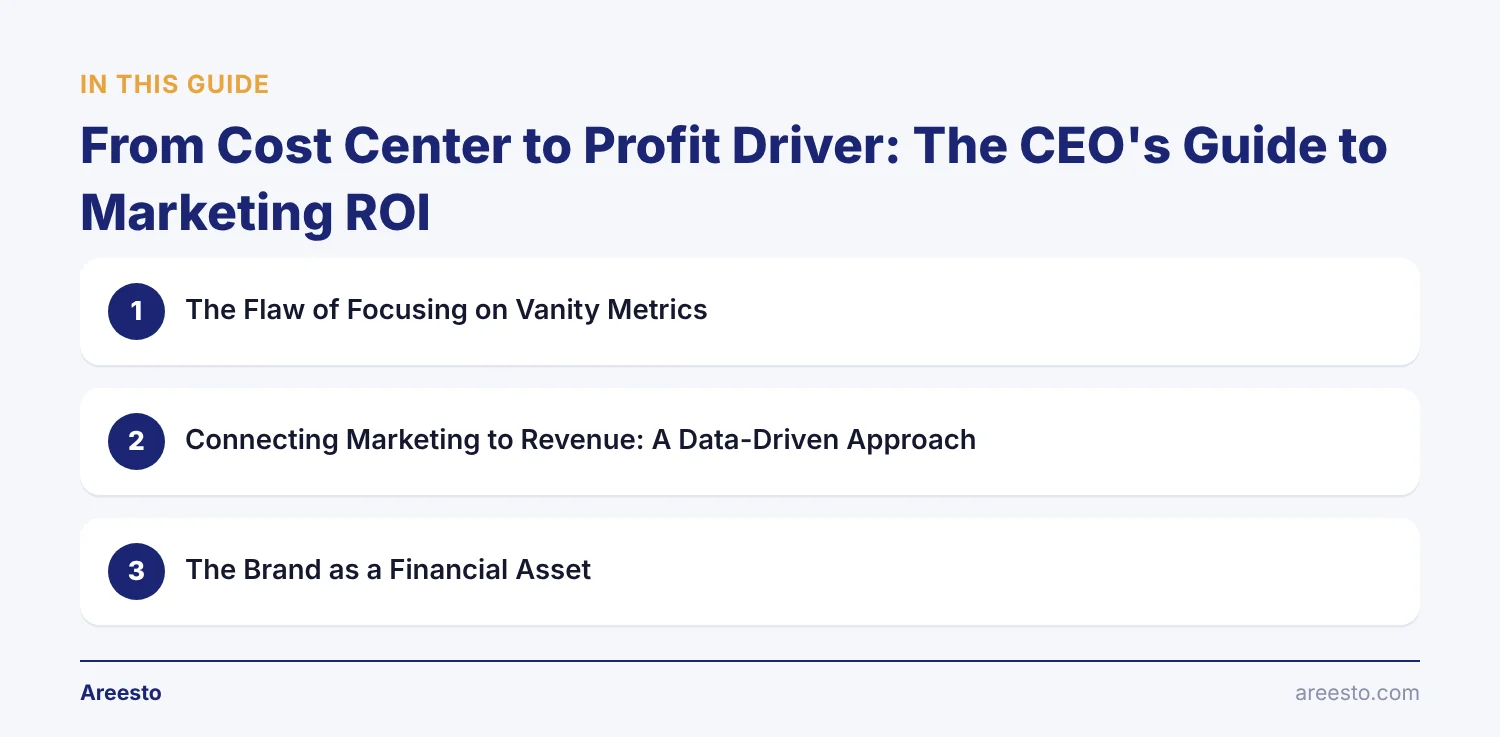 Infographic outlining the 3 topics of this guide on From Cost Center to Profit Driver: The Flaw of Focusing on Vanity Metrics, Connecting Marketing to Revenue: A Data-Driven Approach, The Brand as a Financial Asset and more