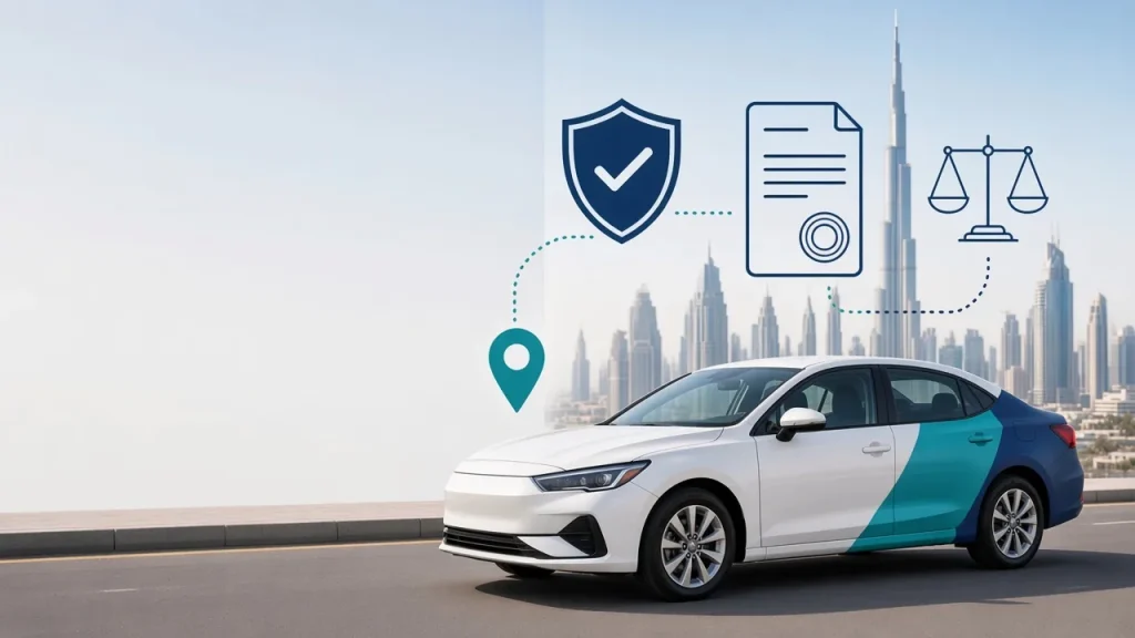 Rental car with a plain vehicle wrap on a Dubai road, with compliance shield and document icons