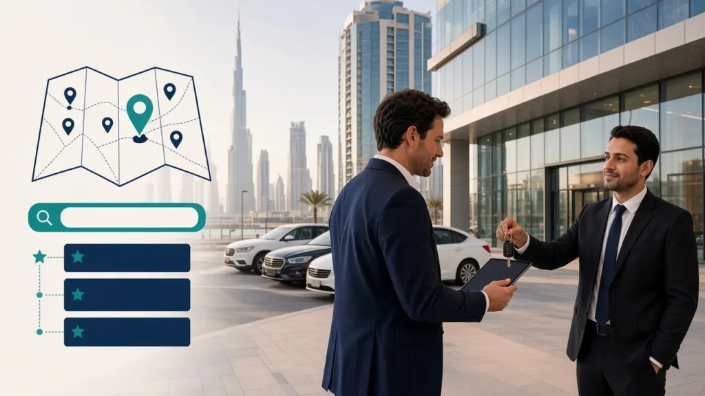 Car rental branch in Dubai with map pins and search ranking icons for local SEO