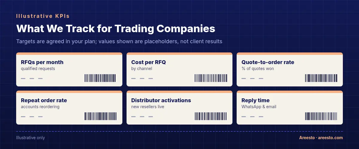 Shipping-label style KPI board for wholesale marketing: RFQs per month, cost per RFQ, quote-to-order rate, repeat order rate, distributor activations and reply time, shown as illustrative placeholders