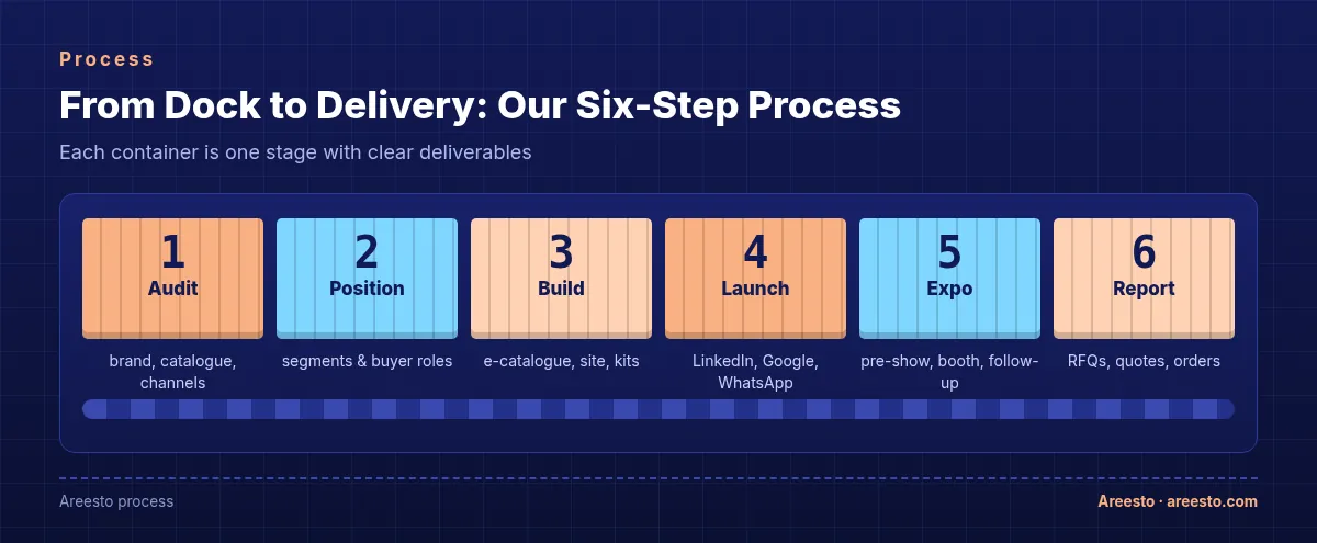 Six shipping containers on a conveyor showing the wholesale marketing process: audit, position, build, launch, expo and report